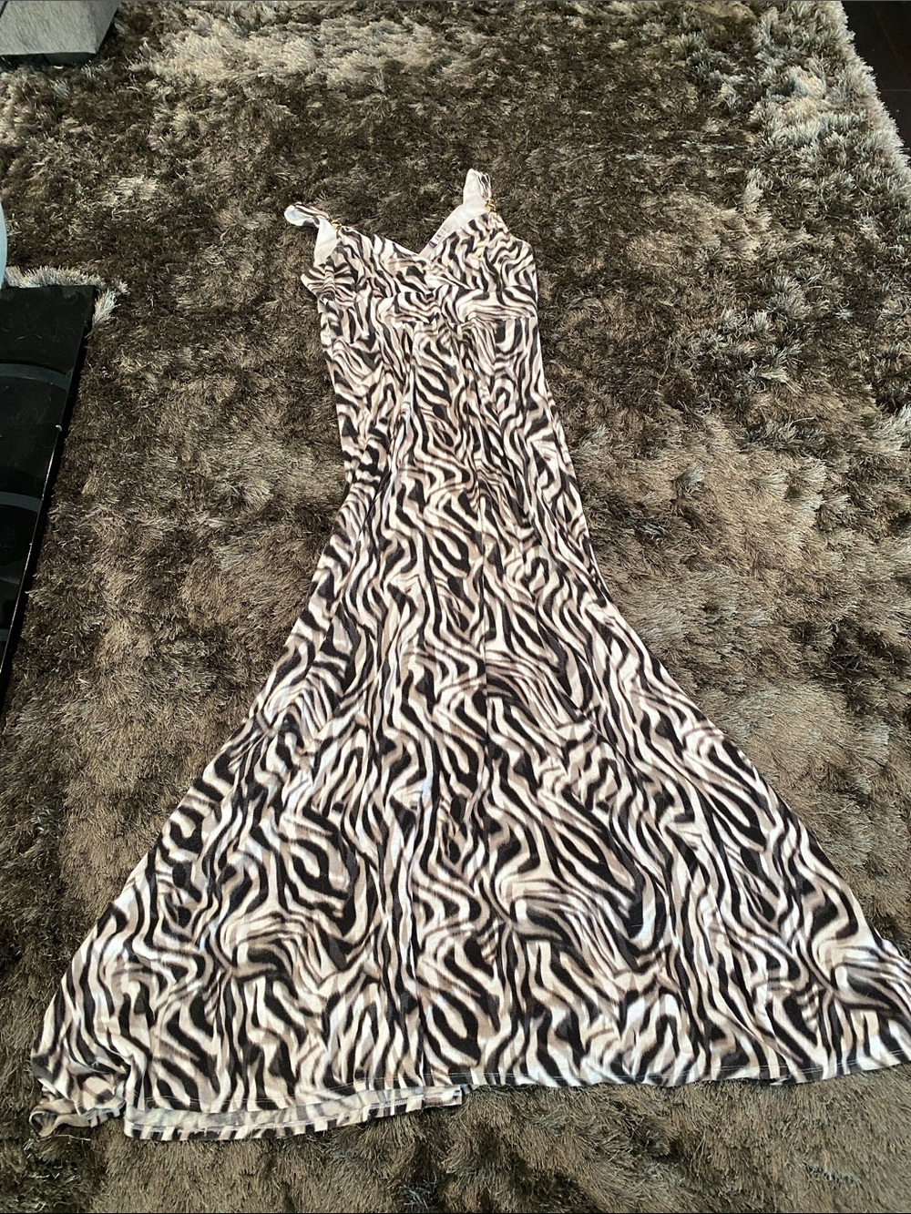 Jennifer Lopez Black and White Zebra Print Maxi Slip Dress